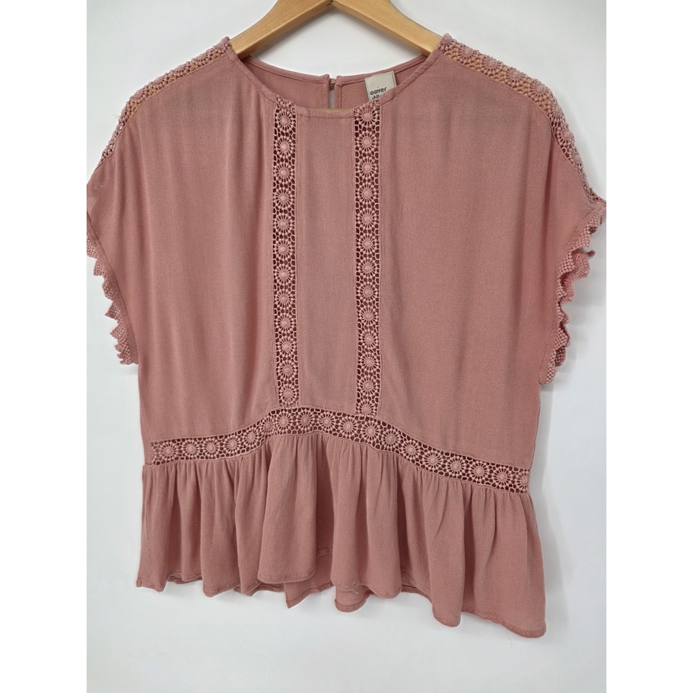 Women's Cover Stiched Short Sleeve Blouse Size Medium Kimono Crochet Trim Boho